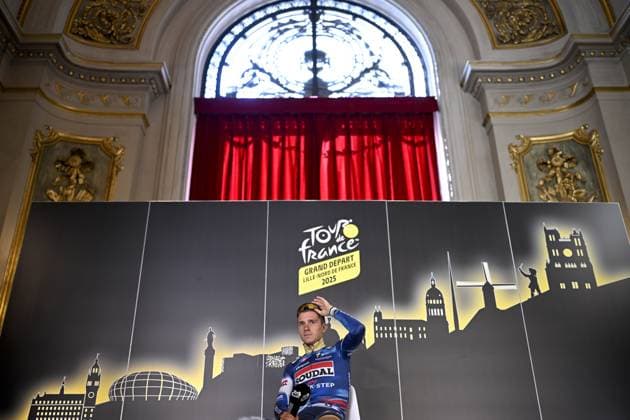 Belgian Remco Evenepoel of Soudal Quick-Step pictured during a press conference, PK, Pressekonferenz of the headliners of the Tour de France 2025 cycling race, Thursday 03 July 2025, in Lille, France. The 112th edition of the Tour de France starts on Saturday 5 July in Lille, France, and will finish in Paris, France on the 27th of July. JASPERxJACOBS  x128362045x