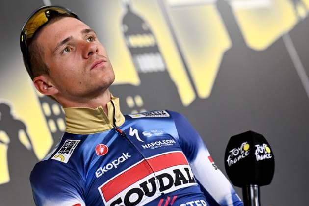 Belgian Remco Evenepoel of Soudal Quick-Step pictured during a press conference, PK, Pressekonferenz of the headliners of the Tour de France 2025 cycling race, Thursday 03 July 2025, in Lille, France. The 112th edition of the Tour de France starts on Saturday 5 July in Lille, France, and will finish in Paris, France on the 27th of July. JASPERxJACOBS  x128362429x