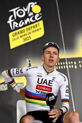 Slovenian Tadej Pogacar of UAE Team Emirates pictured during and Slovenian Tadej Pogacar of UAE Team Emirates pictured during a press conference, PK, Pressekonferenz of the headliners of the Tour de France 2025 cycling race, Thursday 03 July 2025, in Lille, France. The 112th edition of the Tour de France starts on Saturday 5 July in Lille, France, and will finish in Paris, France on the 27th of July. JASPERxJACOBS  x128363113x