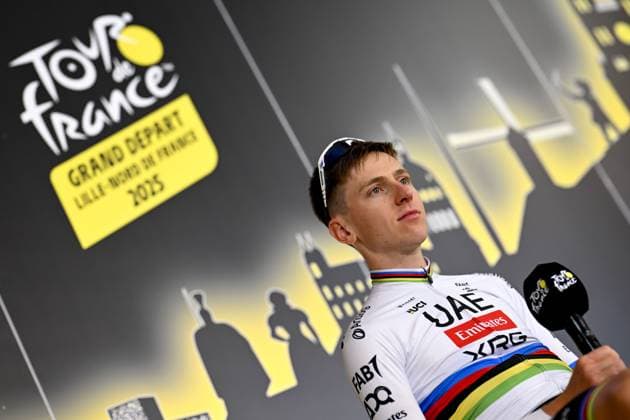 Slovenian Tadej Pogacar of UAE Team Emirates pictured during a press conference, PK, Pressekonferenz of the headliners of the Tour de France 2025 cycling race, Thursday 03 July 2025, in Lille, France. The 112th edition of the Tour de France starts on Saturday 5 July in Lille, France, and will finish in Paris, France on the 27th of July. JASPERxJACOBS  x128363266x