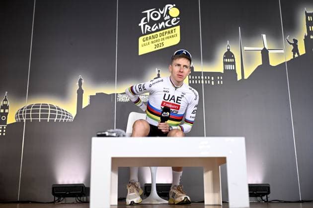 Slovenian Tadej Pogacar of UAE Team Emirates pictured during a press conference, PK, Pressekonferenz of the headliners of the Tour de France 2025 cycling race, Thursday 03 July 2025, in Lille, France. The 112th edition of the Tour de France starts on Saturday 5 July in Lille, France, and will finish in Paris, France on the 27th of July. JASPERxJACOBS  x128363583x