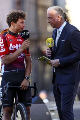 Belgian Arnaud De Lie of Lotto Cycling Team pictured during a press conference, PK, Pressekonferenz of the headliners of the Tour de France 2025 cycling race, Thursday 03 July 2025, in Lille, France. The 112th edition of the Tour de France starts on Saturday 5 July in Lille, France, and will finish in Paris, France on the 27th of July. JASPERxJACOBS  x128363598x