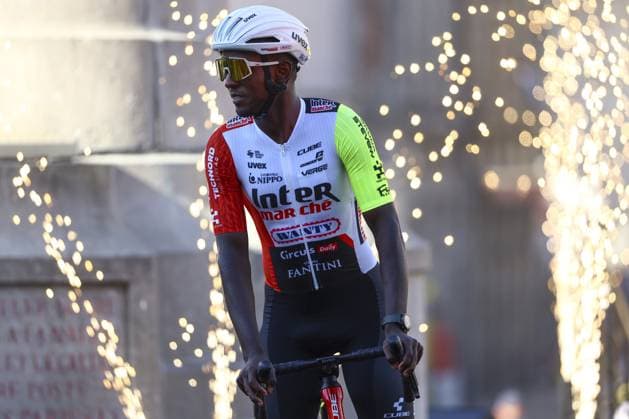 Eritrean Biniam Girmay Hailu of Intermarche-Wanty pictured during the team presentation ahead of the 2025 Tour de France cycling race, in Lille, France, on Thursday 03 July 2025. The 112th edition of the Tour de France starts on Saturday 5 July in Lille, France, and will finish in Paris, France on the 27th of July. DAVIDxPINTENS  x128365914x