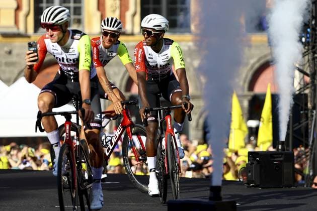 Eritrean Biniam Girmay Hailu of Intermarche-Wanty pictured during the team presentation ahead of the 2025 Tour de France cycling race, in Lille, France, on Thursday 03 July 2025. The 112th edition of the Tour de France starts on Saturday 5 July in Lille, France, and will finish in Paris, France on the 27th of July. DAVIDxPINTENS  x128365966x