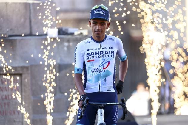 Colombian Santiago Buitrago Sanchez of Bahrain Victorious pictured during the team presentation ahead of the 2025 Tour de France cycling race, in Lille, France, on Thursday 03 July 2025. The 112th edition of the Tour de France starts on Saturday 5 July in Lille, France, and will finish in Paris, France on the 27th of July. DAVIDxPINTENS  x128366124x