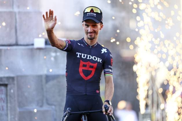 French Julian Alaphilippe of Tudor Pro Cycling Team pictured during the team presentation ahead of the 2025 Tour de France cycling race, in Lille, France, on Thursday 03 July 2025. The 112th edition of the Tour de France starts on Saturday 5 July in Lille, France, and will finish in Paris, France on the 27th of July. DAVIDxPINTENS  x128366127x