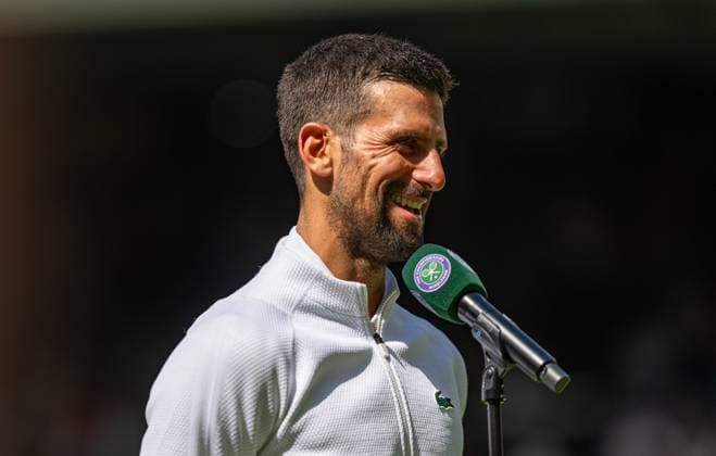 Tennis - Wimbledon Championship 2025 - Day 4 LONDON, ENGLAND - Thursday, July 3, 2025: Novak Djokovic (SRB) gives an interview after the Gentlemen s Singles 3rd Round on Day Four of The Championships Wimbledon 2025 at the All England Lawn Tennis and Croquet Club. Djokovic won 6-3, 6-2, 6-0. (Photo by Kirsten Holst Propaganda) LONDON All England Lawn Tennis and Croquet Club GREATER LONDON ENGLAND  Copyright: xKirstenxHolstx 2025-07-03-069-Wimbledon_2025_Day_4