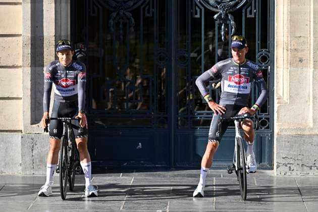 Tour de France 2025 03 07 2025 LILLE METROPOLE, FRANCE - JULY 03 : Philipsen Jasper (BEL) of Alpecin-Deceuninck and Van der Poel Mathieu (NED) of Alpecin - Deceuninck during the teams presentation prior of the 112th edition of Tour de France an UCI World Tour 2.UWT cycling road race stage for Men Elite on July 3, 2025 in Lille Metropole, France, 03 07 2025 ( Motordriver Kenny Verfaillie - Lille Metropole France  Copyright: xJanxDexMeuleneirx
