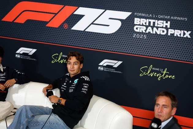 F1 - BRITISH GRAND PRIX 2025 RUSSELL George (gbr), Mercedes AMG F1 Team W16, portrait press conference, PK, Pressekonferenz during the Formula 1 Qatar Airways British Grand Prix 2025, 12th round of the 2025 FIA Formula One World Championship, WM, Weltmeisterschaft from July 4 to 6, 2025 on the Silverstone Circuit, in Silverstone, United Kingdom - SilverstoneUnited Kingdom  Copyright: xDPPIx