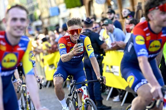 Belgian Thibau Nys of Lidl-Trek pictured during the team presentation ahead of the 2025 Tour de France cycling race, in Lille, France, on Thursday 03 July 2025. The 112th edition of the Tour de France starts on Saturday 5 July in Lille, France, and will finish in Paris, France on the 27th of July. JASPERxJACOBS  x128366296x