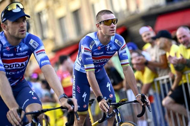 Belgian Remco Evenepoel of Soudal Quick-Step pictured during the team presentation ahead of the 2025 Tour de France cycling race, in Lille, France, on Thursday 03 July 2025. The 112th edition of the Tour de France starts on Saturday 5 July in Lille, France, and will finish in Paris, France on the 27th of July. JASPERxJACOBS  x128367071x