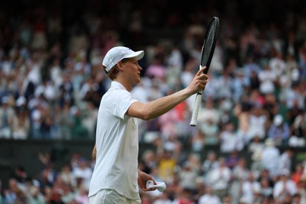 3rd July 2025; All England Lawn Tennis and Croquet Club, London, England; Wimbledon Tennis Tournament, Day 4; Jannik Sinner (ITA) thanks the spectators after defeating Aleksandar Vukic (AUS) in straight sets to go into the next round  ActionPlus12808452 JohnxPatrickxFletcher
