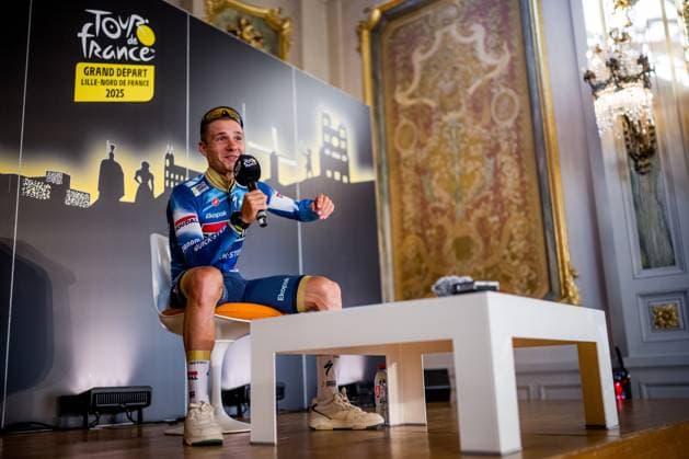 Belgian Remco Evenepoel of Soudal Quick-Step pictured during a press conference, PK, Pressekonferenz of the headliners of the Tour de France 2025 cycling race, Thursday 03 July 2025, in Lille, France. The 112th edition of the Tour de France starts on Saturday 5 July in Lille, France, and will finish in Paris, France on the 27th of July. JASPERxJACOBS  x128375542x