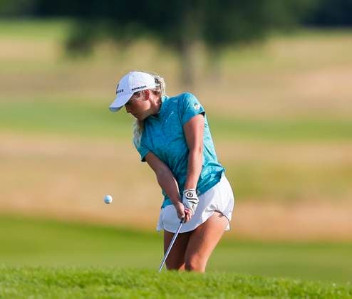 3rd July 2025; The O& x2019;Meara Course at Carton House, Maynooth, County Kildare, Ireland; KPMG Womens Irish Open Golf, Round 1; Sara Byrne of Ireland chips onto the 18th green  ActionPlus12808521 PeterxFitzpatrick