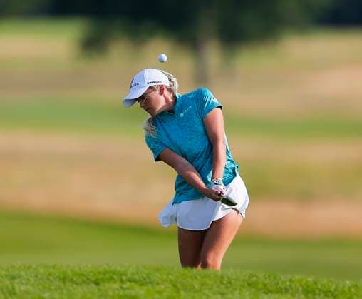 3rd July 2025; The O& x2019;Meara Course at Carton House, Maynooth, County Kildare, Ireland; KPMG Womens Irish Open Golf, Round 1; Sara Byrne of Ireland chips onto the 18th green  ActionPlus12808522 PeterxFitzpatrick
