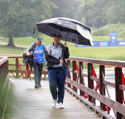 3rd July 2025; The O& x2019;Meara Course at Carton House, Maynooth, County Kildare, Ireland; KPMG Womens Irish Open Golf, Round 1; A player crosses over the bridge from the 16th tee box to the green in the rain  ActionPlus12808537 PeterxFitzpatrick