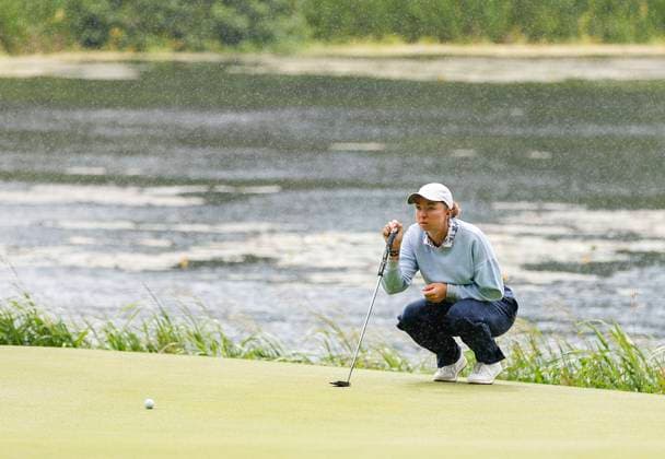 3rd July 2025; The O& x2019;Meara Course at Carton House, Maynooth, County Kildare, Ireland; KPMG Womens Irish Open Golf, Round 1; Polly Mack of German lines up her putt on the 16th green  ActionPlus12808539 PeterxFitzpatrick