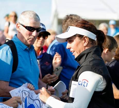 3rd July 2025; The O& x2019;Meara Course at Carton House, Maynooth, County Kildare, Ireland; KPMG Womens Irish Open Golf, Round 1; Georgia Hall of England signs autographs for fans after her round  ActionPlus12808556 PeterxFitzpatrick