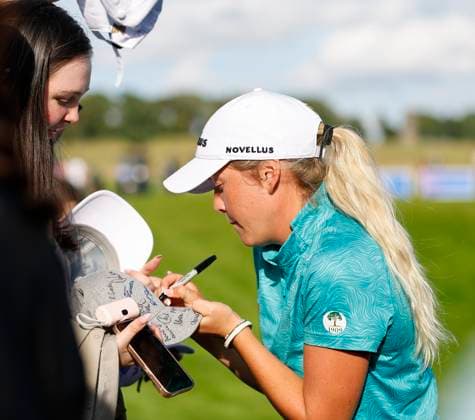 3rd July 2025; The O& x2019;Meara Course at Carton House, Maynooth, County Kildare, Ireland; KPMG Womens Irish Open Golf, Round 1; Sara Byrne of Ireland signed autographs for fans after her round  ActionPlus12808559 PeterxFitzpatrick