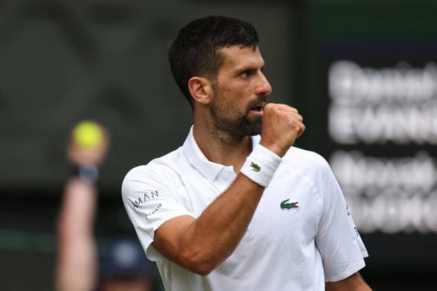 July 3, 2025, London, England, United Kingdom: NOVAK DJOKOVIC of Serbia celebrates during the match against D. Evans of United Kingdom in the second round of Championships 2025 at Wimbledon. DJOKOVIC won 6:3 6:2 6:0. London United Kingdom - ZUMAc278 20250703_zsp_c278_060 Copyright: xMarcinxCholewinskix