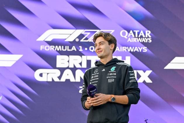 Formula 1 Launch Event, Drivers Silverstone, UK, 03 July, 2025. 03 July 2025. George Russell, Mercedes, on the ebay Main Stage for the Launch Event at the Formula 1 Qatar Airways British Grand Prix at Silverstone, Northamptonshire, UK., Credit:Lee Floyd Avalon UK, Northamptonshire, Silverstone  Copyright: xLeexFloydx xAvalonx 1018158166
