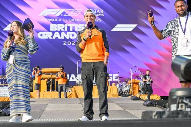 Formula 1 Launch Event, Drivers Silverstone, UK, 03 July, 2025. 03 July 2025. Lando Norris, McLaren, on the ebay Main Stage for the Launch Event at the Formula 1 Qatar Airways British Grand Prix at Silverstone, Northamptonshire, UK., Credit:Lee Floyd Avalon UK, Northamptonshire, Silverstone  Copyright: xLeexFloydx xAvalonx 1018158257