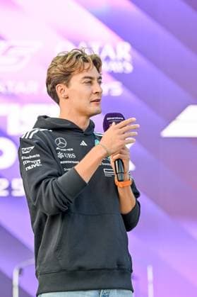 Formula 1 Launch Event, Drivers Silverstone, UK, 03 July, 2025. 03 July 2025. George Russell, Mercedes, on the ebay Main Stage for the Launch Event at the Formula 1 Qatar Airways British Grand Prix at Silverstone, Northamptonshire, UK., Credit:Lee Floyd Avalon UK, Northamptonshire, Silverstone  Copyright: xLeexFloydx xAvalonx 1018158487