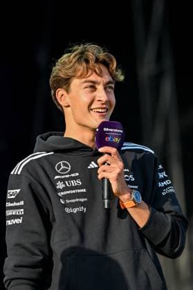Formula 1 Launch Event, Drivers Silverstone, UK, 03 July, 2025. 03 July 2025. George Russell, Mercedes, on the ebay Main Stage for the Launch Event at the Formula 1 Qatar Airways British Grand Prix at Silverstone, Northamptonshire, UK., Credit:Lee Floyd Avalon UK, Northamptonshire, Silverstone  Copyright: xLeexFloydx xAvalonx 1018158492