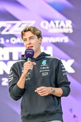 Formula 1 Launch Event, Drivers Silverstone, UK, 03 July, 2025. 03 July 2025. George Russell, Mercedes, on the ebay Main Stage for the Launch Event at the Formula 1 Qatar Airways British Grand Prix at Silverstone, Northamptonshire, UK., Credit:Lee Floyd Avalon UK, Northamptonshire, Silverstone  Copyright: xLeexFloydx xAvalonx 1018158504