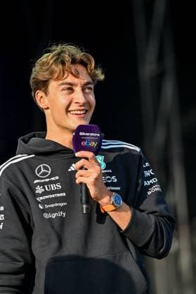 Formula 1 Launch Event, Drivers Silverstone, UK, 03 July, 2025. 03 July 2025. George Russell, Mercedes, on the ebay Main Stage for the Launch Event at the Formula 1 Qatar Airways British Grand Prix at Silverstone, Northamptonshire, UK., Credit:Lee Floyd Avalon UK, Northamptonshire, Silverstone  Copyright: xLeexFloydx xAvalonx 1018158510