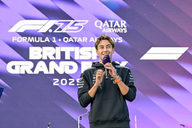 Formula 1 Launch Event, Drivers Silverstone, UK, 03 July, 2025. 03 July 2025. George Russell, Mercedes, on the ebay Main Stage for the Launch Event at the Formula 1 Qatar Airways British Grand Prix at Silverstone, Northamptonshire, UK., Credit:Lee Floyd Avalon UK, Northamptonshire, Silverstone  Copyright: xLeexFloydx xAvalonx 1018158514