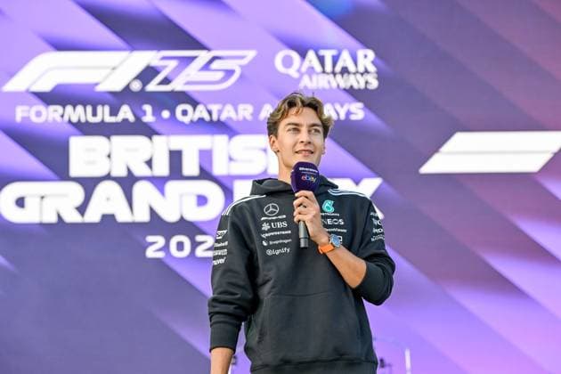 Formula 1 Launch Event, Drivers Silverstone, UK, 03 July, 2025. 03 July 2025. George Russell, Mercedes, on the ebay Main Stage for the Launch Event at the Formula 1 Qatar Airways British Grand Prix at Silverstone, Northamptonshire, UK., Credit:Lee Floyd Avalon UK, Northamptonshire, Silverstone  Copyright: xLeexFloydx xAvalonx 1018158549