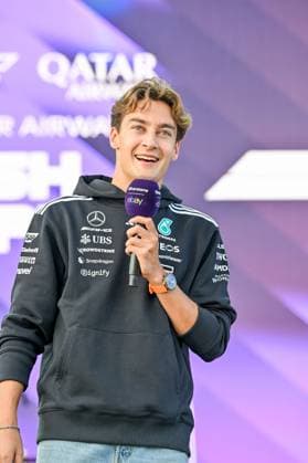 Formula 1 Launch Event, Drivers Silverstone, UK, 03 July, 2025. 03 July 2025. George Russell, Mercedes, on the ebay Main Stage for the Launch Event at the Formula 1 Qatar Airways British Grand Prix at Silverstone, Northamptonshire, UK., Credit:Lee Floyd Avalon UK, Northamptonshire, Silverstone  Copyright: xLeexFloydx xAvalonx 1018158584