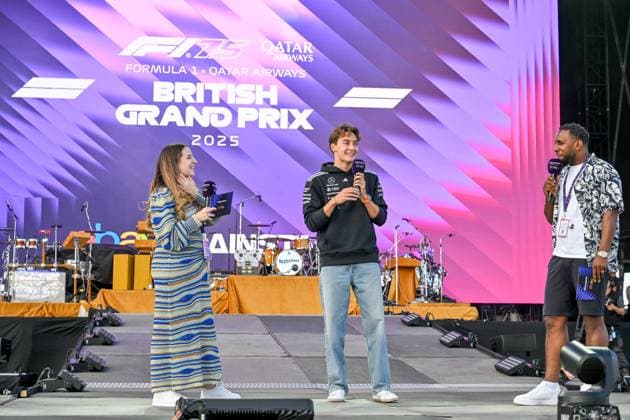Formula 1 Launch Event, Drivers Silverstone, UK, 03 July, 2025. 03 July 2025. George Russell, Mercedes, on the ebay Main Stage for the Launch Event at the Formula 1 Qatar Airways British Grand Prix at Silverstone, Northamptonshire, UK., Credit:Lee Floyd Avalon UK, Northamptonshire, Silverstone  Copyright: xLeexFloydx xAvalonx 1018158600