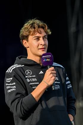 Formula 1 Launch Event, Drivers Silverstone, UK, 03 July, 2025. 03 July 2025. George Russell, Mercedes, on the ebay Main Stage for the Launch Event at the Formula 1 Qatar Airways British Grand Prix at Silverstone, Northamptonshire, UK., Credit:Lee Floyd Avalon UK, Northamptonshire, Silverstone  Copyright: xLeexFloydx xAvalonx 1018158629
