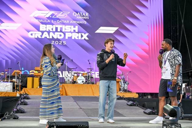 Formula 1 Launch Event, Drivers Silverstone, UK, 03 July, 2025. 03 July 2025. George Russell, Mercedes, on the ebay Main Stage for the Launch Event at the Formula 1 Qatar Airways British Grand Prix at Silverstone, Northamptonshire, UK., Credit:Lee Floyd Avalon UK, Northamptonshire, Silverstone  Copyright: xLeexFloydx xAvalonx 1018158652