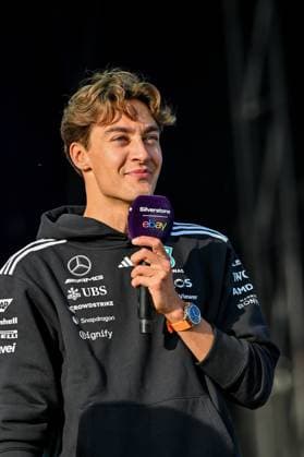 Formula 1 Launch Event, Drivers Silverstone, UK, 03 July, 2025. 03 July 2025. George Russell, Mercedes, on the ebay Main Stage for the Launch Event at the Formula 1 Qatar Airways British Grand Prix at Silverstone, Northamptonshire, UK., Credit:Lee Floyd Avalon UK, Northamptonshire, Silverstone  Copyright: xLeexFloydx xAvalonx 1018158695