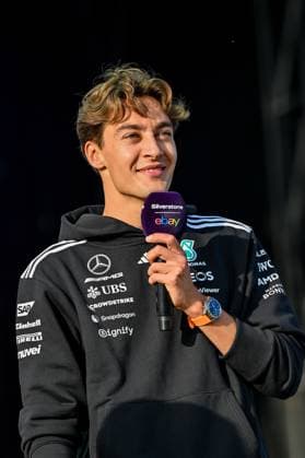 Formula 1 Launch Event, Drivers Silverstone, UK, 03 July, 2025. 03 July 2025. George Russell, Mercedes, on the ebay Main Stage for the Launch Event at the Formula 1 Qatar Airways British Grand Prix at Silverstone, Northamptonshire, UK., Credit:Lee Floyd Avalon UK, Northamptonshire, Silverstone  Copyright: xLeexFloydx xAvalonx 1018158702