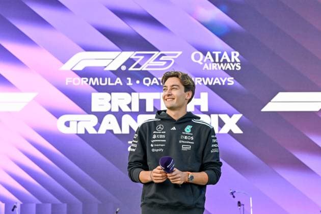 Formula 1 Launch Event, Drivers Silverstone, UK, 03 July, 2025. 03 July 2025. George Russell, Mercedes, on the ebay Main Stage for the Launch Event at the Formula 1 Qatar Airways British Grand Prix at Silverstone, Northamptonshire, UK., Credit:Lee Floyd Avalon UK, Northamptonshire, Silverstone Copyright: xLeexFloydx xAvalonx 1018159755