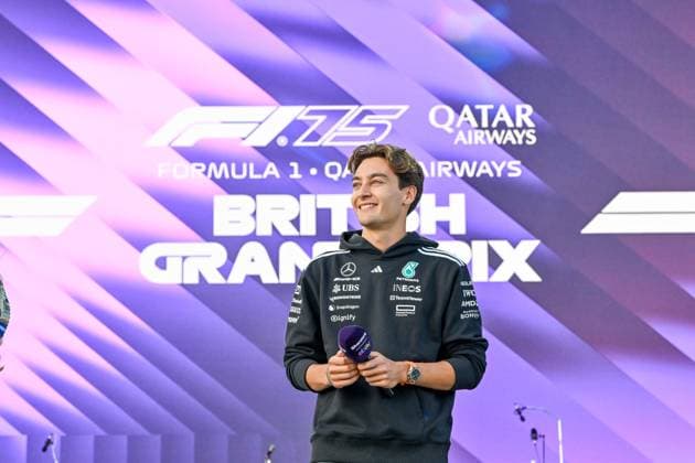 Formula 1 Launch Event, Drivers Silverstone, UK, 03 July, 2025. 03 July 2025. George Russell, Mercedes, on the ebay Main Stage for the Launch Event at the Formula 1 Qatar Airways British Grand Prix at Silverstone, Northamptonshire, UK., Credit:Lee Floyd Avalon UK, Northamptonshire, Silverstone Copyright: xLeexFloydx xAvalonx 1018159799