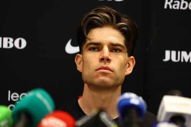 Belgian Wout van Aert of Team Visma-Lease a Bike and pictured during a press conference, PK, Pressekonferenz of team Visma - Lease a Bike ahead of the 2025 Tour de France cycling race, in Lille, France, on Friday 04 July 2025. The 112th edition of the Tour de France starts on Saturday 5 July in Lille, France, and will finish in Paris, France on the 27th of July. DAVIDxPINTENS  x128392599x