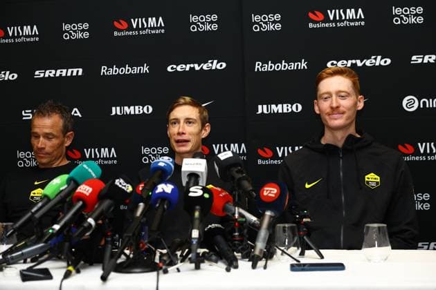 Team Visma-Lease a Bike sports director Grischa Niermann, Danish Jonas Vingegaard Hansen of Team Visma-Lease a Bike, American Matteo Jorgenson of Team Visma-Lease a Bike and pictured during a press conference, PK, Pressekonferenz of team Visma - Lease a Bike ahead of the 2025 Tour de France cycling race, in Lille, France, on Friday 04 July 2025. The 112th edition of the Tour de France starts on Saturday 5 July in Lille, France, and will finish in Paris, France on the 27th of July. DAVIDxPINTENS x128392893x