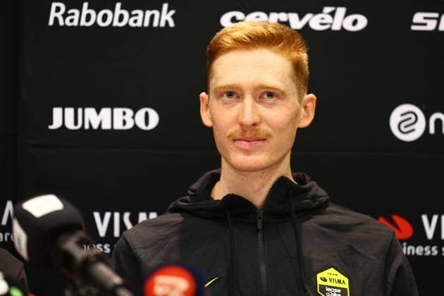American Matteo Jorgenson of Team Visma-Lease a Bike and pictured during a press conference, PK, Pressekonferenz of team Visma - Lease a Bike ahead of the 2025 Tour de France cycling race, in Lille, France, on Friday 04 July 2025. The 112th edition of the Tour de France starts on Saturday 5 July in Lille, France, and will finish in Paris, France on the 27th of July. DAVIDxPINTENS  x128393001x
