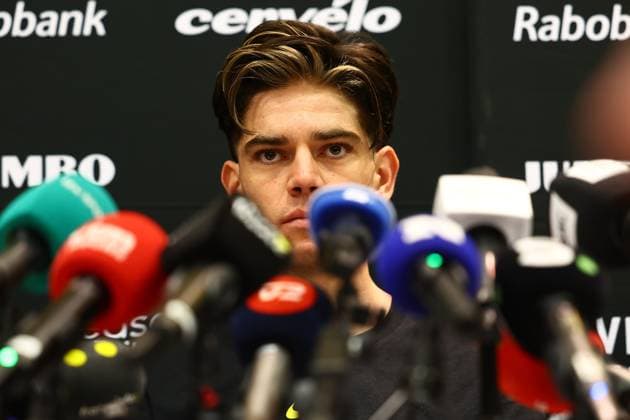 Belgian Wout van Aert of Team Visma-Lease a Bike and pictured during a press conference, PK, Pressekonferenz of team Visma - Lease a Bike ahead of the 2025 Tour de France cycling race, in Lille, France, on Friday 04 July 2025. The 112th edition of the Tour de France starts on Saturday 5 July in Lille, France, and will finish in Paris, France on the 27th of July. DAVIDxPINTENS  x128393021x