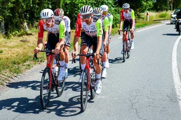 German Jonas Rutsch of Intermarche-Wanty and Belgian Vito Braet of Intermarche-Wanty pictured in action during a training session ahead of the 2025 Tour de France cycling race, in Lille, France, on Friday 04 July 2025. The 112th edition of the Tour de France starts on Saturday 5 July in Lille, France, and will finish in Paris, France on the 27th of July. DAVIDxPINTENS  x128400600x