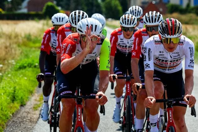 German Jonas Rutsch of Intermarche-Wanty and German Georg Zimmerman of Intermarche-Wanty pictured in action during a training session ahead of the 2025 Tour de France cycling race, in Lille, France, on Friday 04 July 2025. The 112th edition of the Tour de France starts on Saturday 5 July in Lille, France, and will finish in Paris, France on the 27th of July. DAVIDxPINTENS  x128400883x