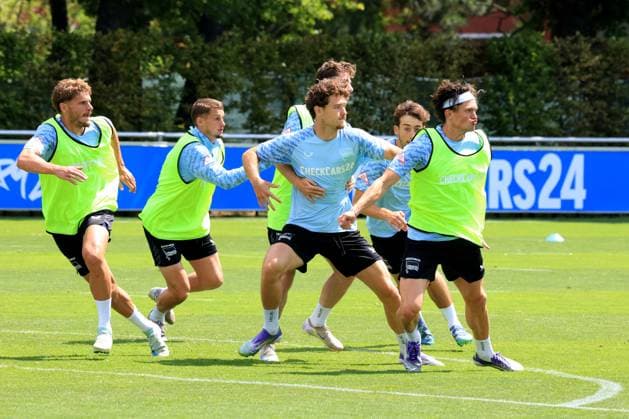 DEU, DFL, 2 FBL Hertha BSC, Training, 04 07 2025, Sportforum, Berlin, DEU, DFL, 2 FBL Hertha BSC, Training, in the picture Fabian Reese Hertha BSC Berlin 11 , Leon Jensen Hertha BSC Berlin 5 , Marton Dardai Hertha BSC Berlin 31 , Michael Cuisance Hertha BSC Berlin 10 DFL regulations prohibit any use of Photographs as image sequences and or quasi video nordphotoxGmbHx xEngler nph00076