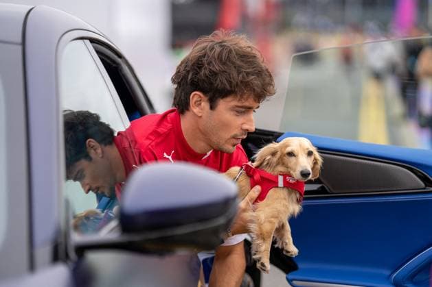 F1 British Grand Prix - UK Charles Leclerc (Mon) of Scuderia Ferrari 16 and Leo Leclerc (Dog) during the Formula 1 Qatar Airways British Grand Prix 2025 on Friday at the Silverstone International Circuit, Silverstone, England, UK on July 4, 2025. Photo by Antoine Lapeyre ABACAPRESS.COM Silverstone England United Kingdom  Copyright: xLapeyrexAntoine ABACAx