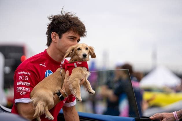 F1 British Grand Prix - UK Charles Leclerc (Mon) of Scuderia Ferrari 16 and Leo Leclerc (Dog) during the Formula 1 Qatar Airways British Grand Prix 2025 on Friday at the Silverstone International Circuit, Silverstone, England, UK on July 4, 2025. Photo by Antoine Lapeyre ABACAPRESS.COM Silverstone England United Kingdom  Copyright: xLapeyrexAntoine ABACAx