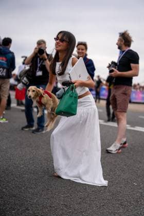 F1 British Grand Prix - UK Alexandra Saint Mleux (Far) and Leo Leclerc (Dog) during the Formula 1 Qatar Airways British Grand Prix 2025 on Friday at the Silverstone International Circuit, Silverstone, England, UK on July 4, 2025. Photo by Antoine Lapeyre ABACAPRESS.COM Silverstone England United Kingdom  Copyright: xLapeyrexAntoine ABACAx